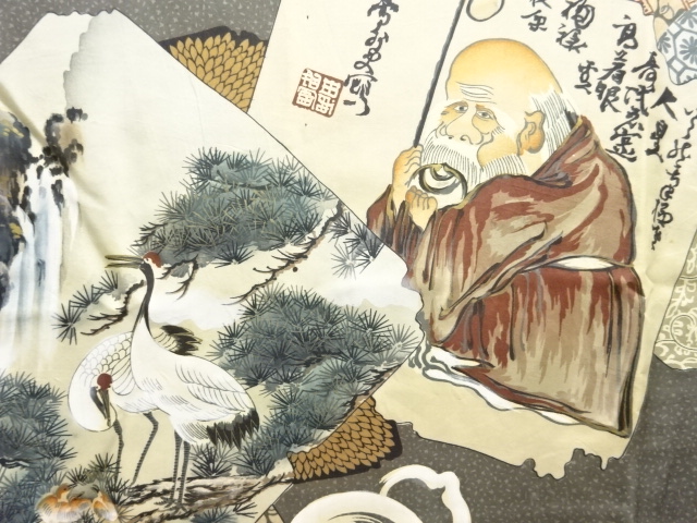 JAPANESE KIMONO / ANTIQUE MENS JUBAN / FIGURES / CRANE PATTERNS SHIKIS